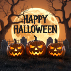 Happy halloween pumpkins with tombstones and moon in background