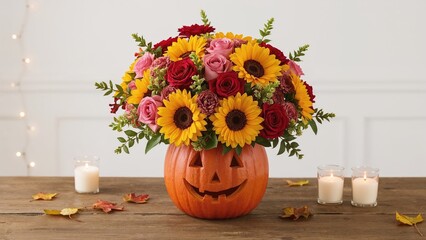 Handcrafted pumpkin vase filled with vibrant autumn flowers. Warm and inviting fall home decoration on a white backdrop.