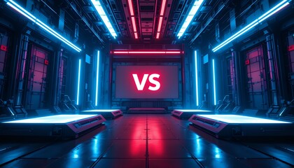 Futuristic digital arena illuminated with neon lights showcasing versus concept in a high tech