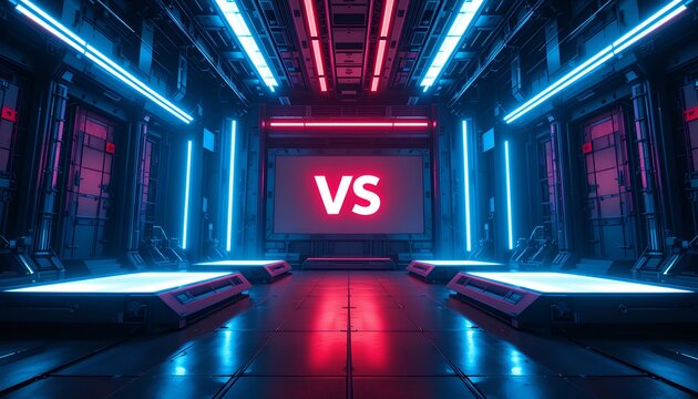 Futuristic digital arena illuminated with neon lights showcasing versus concept in a high tech