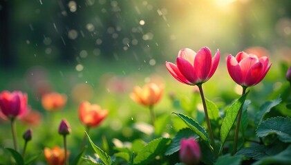 Gentle spring rain nourishes blooming flowers, symbolizing growth, renewal, and the nurturing power of nature A vibrant scene of springtime's gentle caress , close up, weather, rain