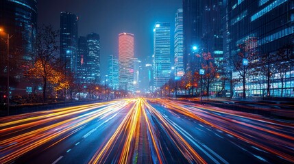 Fototapeta premium Night cityscape with vibrant light trails on a busy highway