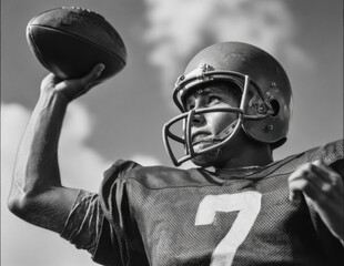 vintage black and white photo of an American football player in uniform, throwing the ball up into the air