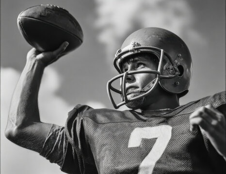vintage black and white photo of an American football player in uniform, throwing the ball up into the air
