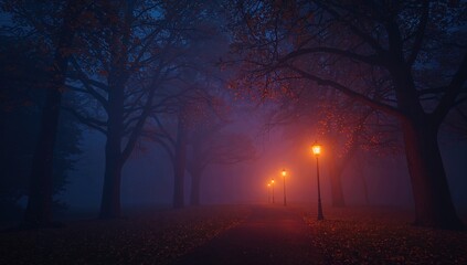 Foggy night in an urban park during fall