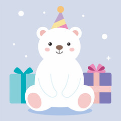 Cute polar bear wearing a party hat sitting with gifts on a light purple background, perfect for birthday cards and party invitations