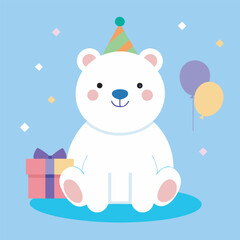 Adorable polar bear with a party hat and gifts on a blue background, ideal for birthday celebrations and childrens party invites