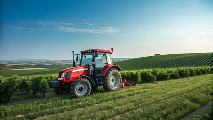 A red tractor working in a lush green vineyard under a clear blue sky, capturing the essence of modern farming and rural tranquility. 