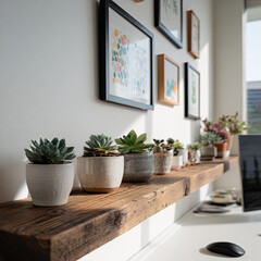 Succulent plants decorating rustic wooden shelf, bathing in natural light, complementing minimalist home office with framed wall art