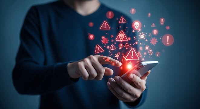 Man Interacting with Smartphone Displaying Cyber Security Threat Symbols, Digital Malware, and Data Breach Warnings