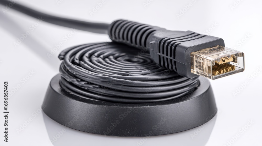 Poster coiled black ethernet cable with transparent connector on circular base isolated on white background