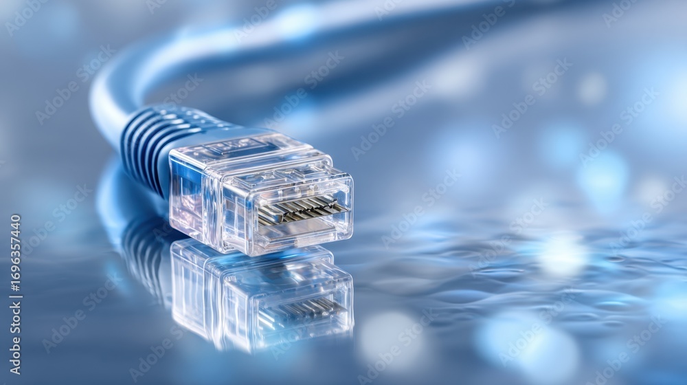 Poster close-up of a blue ethernet cable connector on a reflective surface with soft blue bokeh background