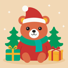 Festive bear celebrates christmas with gifts and trees, radiating warmth and cheerfulness on a beige background