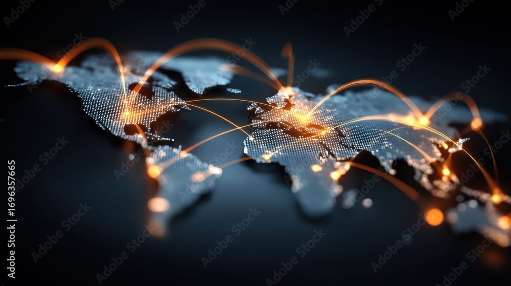 Poster global network connectivity concept with light trails and world map on dark background