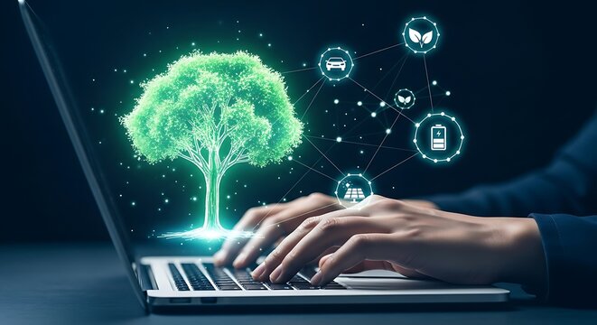 Hands typing on a laptop with a glowing green digital tree and eco friendly icons symbolizing environmental technology and sustainability in a futuristic concept