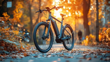 Fototapeta premium Electric bike parked on autumn path, sunlight