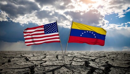 United States and Venezuela flags waving over cracked earth and cloudy sky, symbolizing tension and hardship