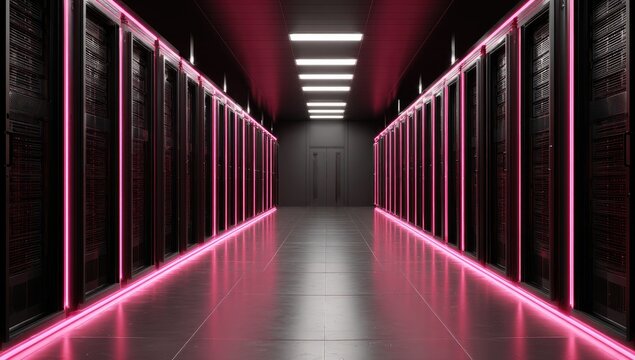 Futuristic server room with pink neon