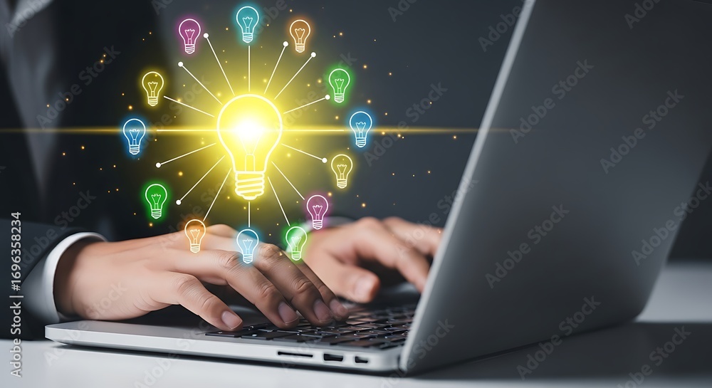 Aufkleber hands typing on a laptop keyboard with a glowing lightbulb surrounded by colorful idea icons symboli