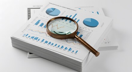 An eye-level shot of a magnifying glass resting on a stack of analytical documents. Business concept and data analysis.