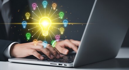 Hands typing on a laptop keyboard with a glowing lightbulb surrounded by colorful idea icons symbolizing innovation creativity and inspiration in business and technology