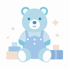 Adorable blue teddy bear with building blocks, a charming illustration isolated on white background, perfect for baby shower invitations and decor