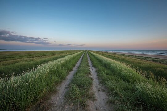 Sunset over a seawall along the northern coastline, high-resolution image