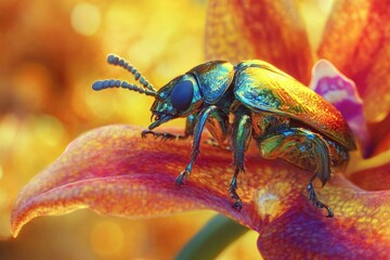 Naklejka premium A vibrant, iridescent beetle rests on a warm-toned flower petal, bathed in sunlight.