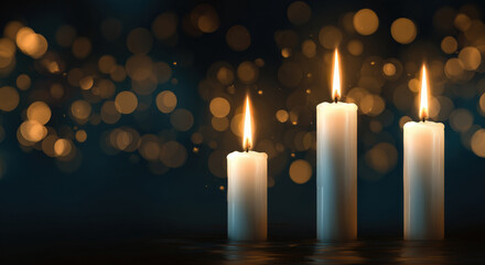 3 white candles burning on the right side of the image, dark background, blurry lights in a bokeh effect