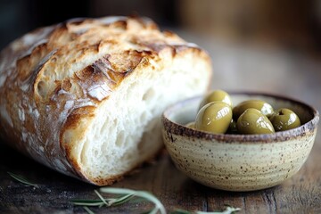 A rustic loaf of bread sits beside a small bowl of green olives, a simple yet appetizing still life.