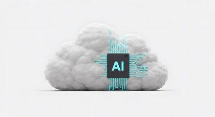 A creative representation of artificial intelligence integrated into a cloud concept. The image features a digital processor overlaying a fluffy cloud