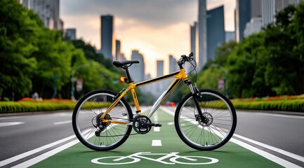 Fototapeta premium Bicycle positioned on a vibrant green bike lane in an urban environment, surrounded by modern skyscrapers and lush greenery, showcasing a sustainable transportation concept