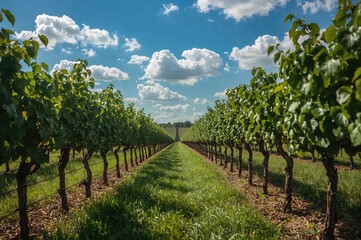 Naklejka premium Striking symmetrical view of grapevines at a countryside vineyard with vibrant green and blue hues.