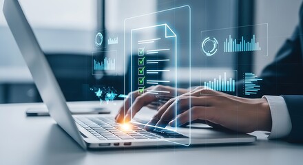 Close up of a business professional s hands typing on a laptop with a futuristic holographic overlay displaying data charts and graphs symbolizing technology and innovation