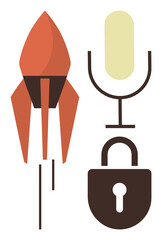 Rocket launching, microphone and lock symbolize progress, voice, and safety. Ideal for technology, communication, security, innovation creativity voice platforms business strategy themes. Minimal