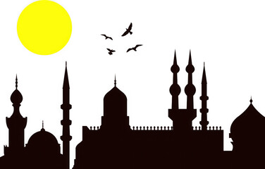 Silhouette of a mosque with minarets and domes against a bright yellow sun and a few birds flying...