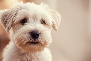 Close-up of a white fluffy puppy with blank area for text