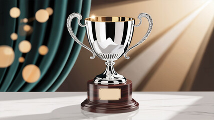 Elegant silver trophy on wooden base award winner celebration and achievement recognition