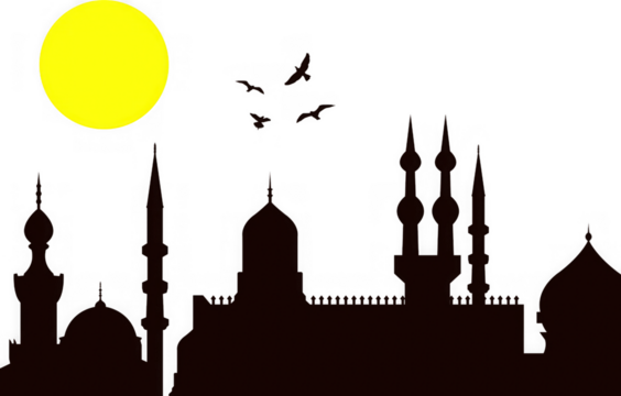 Silhouette of a mosque with minarets and domes against a bright yellow sun and a few birds flying in the sky, isolated on transparent background