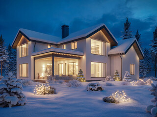 Evening winter scene of a modern house illuminated with christmas lights and snow