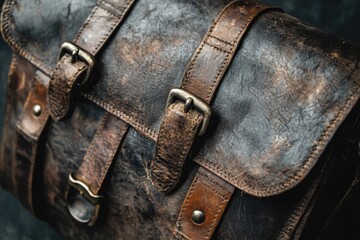Close-up of a vintage, distressed leather bag with buckles and straps, showing its aged texture.