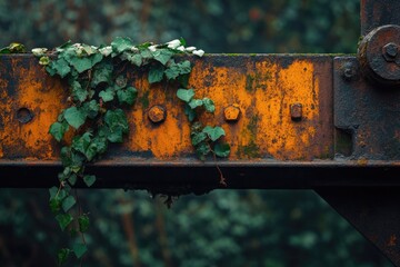 Ivy vines cling to rusty orange metal beam, showcasing nature reclaiming industrial decay.
