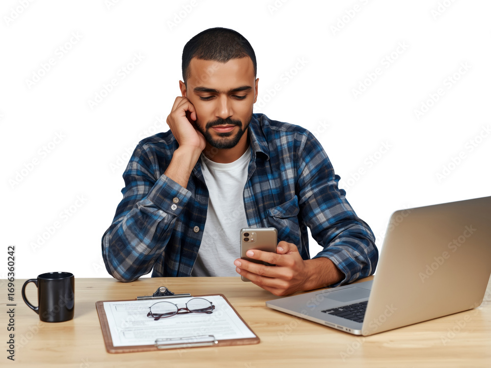Poster pensive professional utilizing a mobile device while working remotely with a laptop in sight with