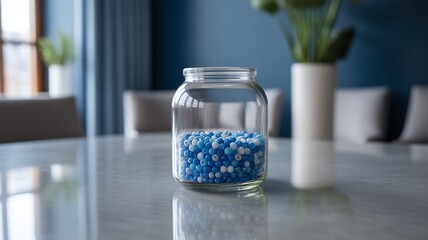 Glass jar filled with vibrant blue and white beads rests on a reflective table surface