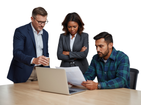 Diverse collaborative team reviews documents and laptop data on transparent studio setting