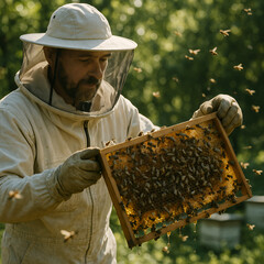 Beekeeper Inspecting a Honeycomb Frame Filled with Bees and Honey