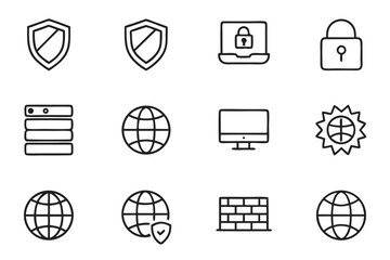 Technology and Security Icons Shield Laptop Database Globe Firewall Computer protection lock