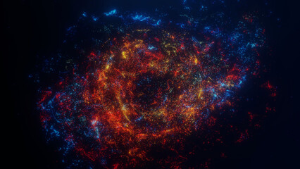 Explosion of colorful digital particles forming galaxy spiral on dark space background. © Vooper