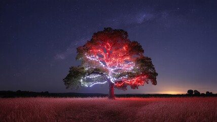Stunning illuminated tree glows vibrantly under a starry night sky over a golden field