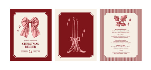 Christmas dinner invitation cards with hand drawn holiday bow, candels and holly branch. Festive mood, elegant vintage style. Vector sketch illustration.